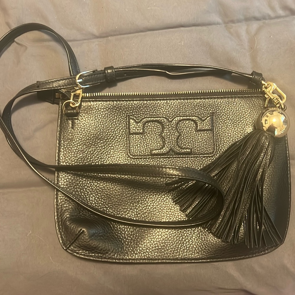 Tory Burch black leather crossbody with fringe tassel